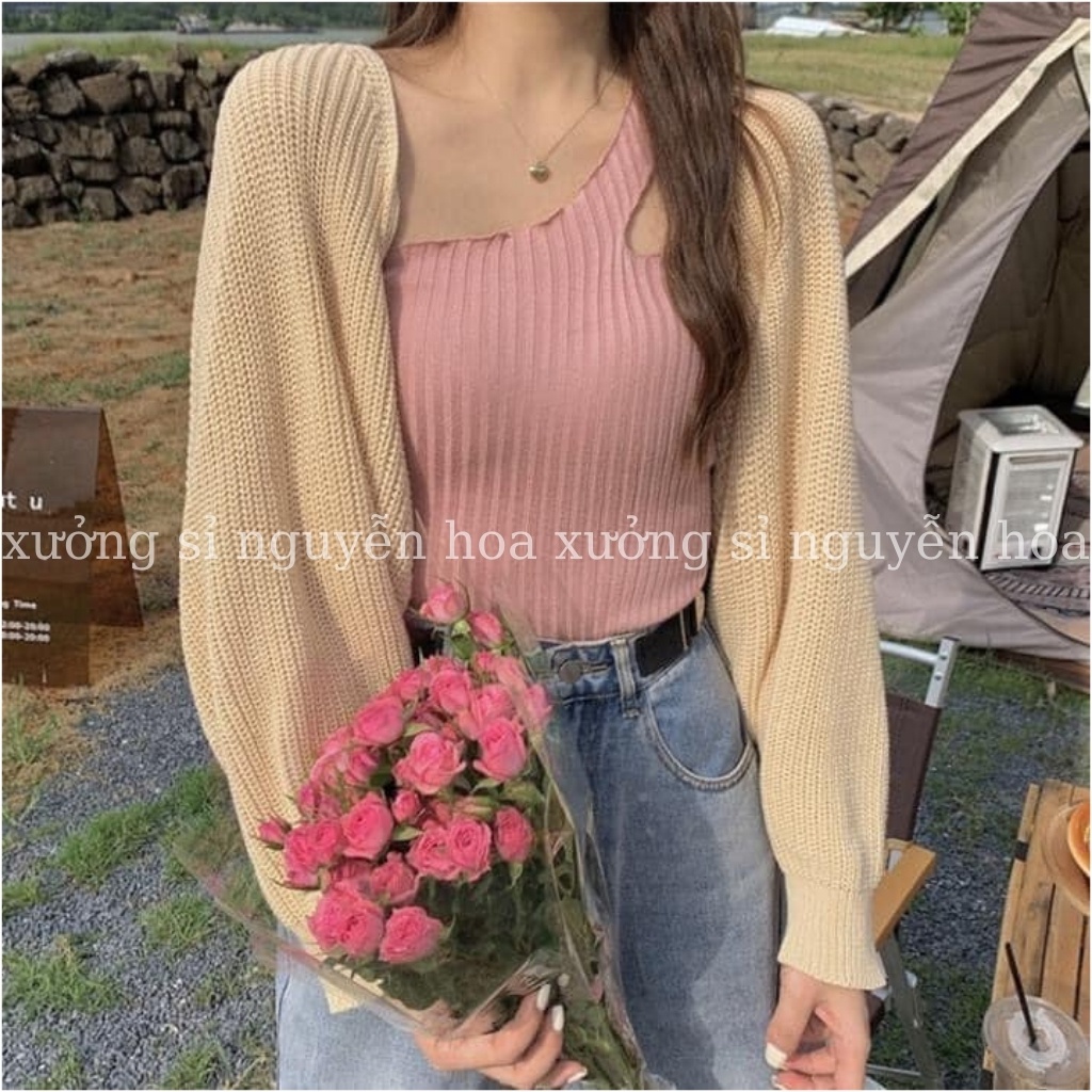 Áo Cardigan Len Khoác Tay Phồng Dáng Crotop Mix Quần Jeans, Chân Váy 2 Màu Be Đen Sang Chảnh Xưởng Sỉ Nguyễn Hoa