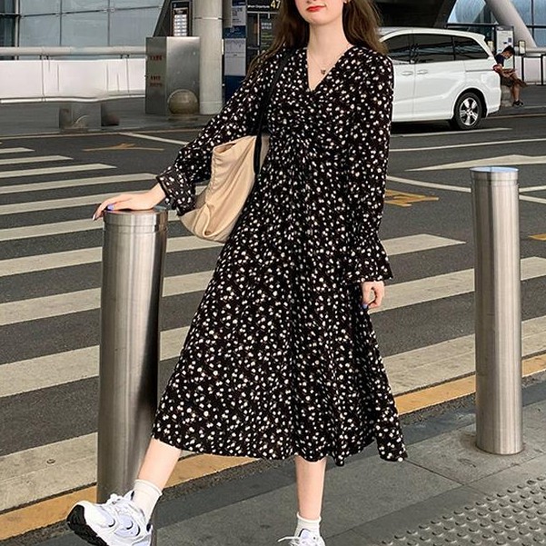 Women's Fashion Classic French Retro Classic Floral Print Long Sleeve V-neck Dress