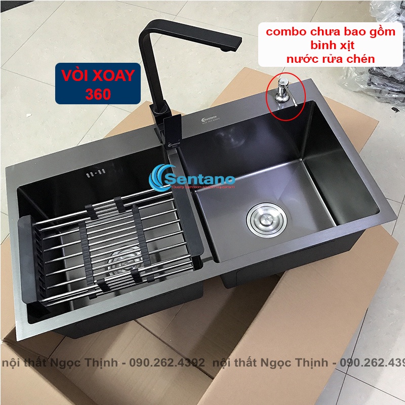 Chậu rửa chén, vòi rửa chén NANO tĩnh điện màu đen SENTANO - Chậu rửa chén 2 ngăn CÂN 82x45cm bề mặt nano tĩnh điện