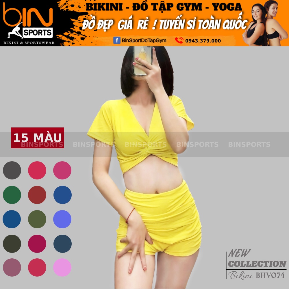 Bikini Nữ 2 Mảnh Quần Đùi Cạp Cao Aó Crop Cọc Tay Xoắn Ngực Bin Sports BHV074 v2