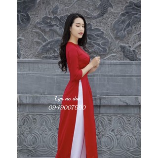 Áo dài đỏ lụa Nhật cổ tròn kèm quần