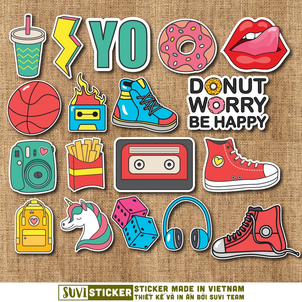 50 Sticker Nhiều Thể Loại chống nước sticker dán mũ bảo hiểm, laptop, điện thoại, đàn guitar, vali. MSP: NS23