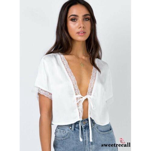 Áo Croptop tay ngắn vải lụa satin phối ren
