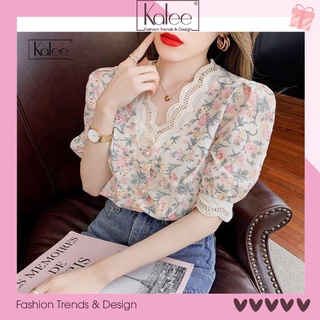 [HÀNG CAO CẤP] - Áo Sơ Mi Croptop Công Sở Nữ Tay Phồng Ngắn, Cổ V Hoa Thêu Nổi Thương Hiệu KALEE Hottrend 2021