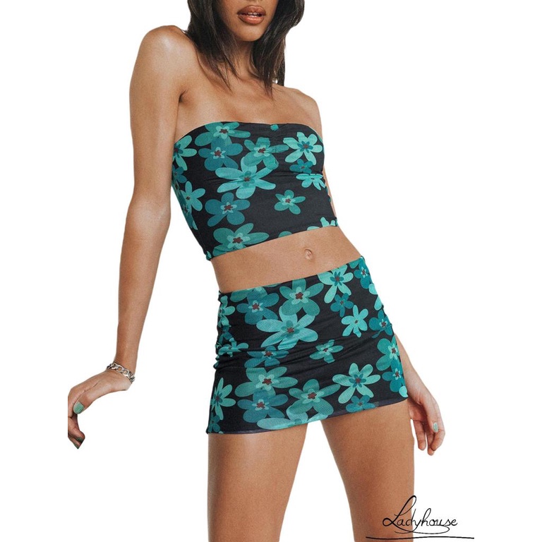 Bộ Áo Ống + Chân Váy Ngắn In Hoa Thời Trang Mùa Hè Cho Nữ