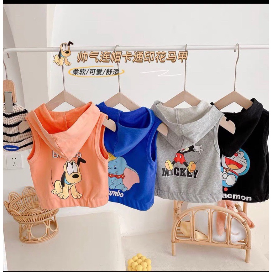 Áo khoác nỉ gilê hoodie ba lỗ khóa kéo, họa tiết hoạt hình đáng yêu cho bé trai từ 5 đến 16 kg, DUCK396