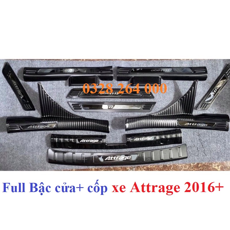COMBO Ốp bậc cửa, nẹp bước chân, chống trầy cốp CARBON xe Attrage 2016- 2021- 2022 vân cacbon cao cấp