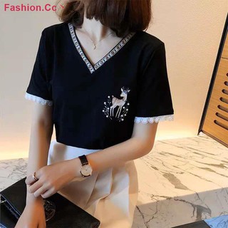 Áo ren cổ chữ v dáng rộng thêu họa tiết xinh xắn cho nữ 2020