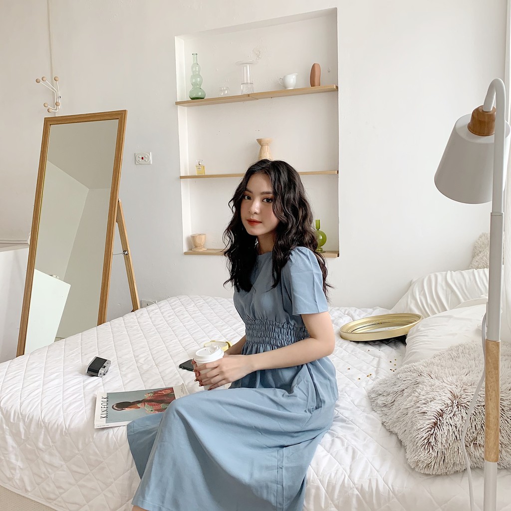 YU CHERRY | Đầm midi nữ cổ tròn, dáng dài, tay ngắn, thun quấn eo kiểu dáng cổ điển Midi Dress YD124