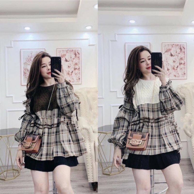 Áo babydoll caro phối len
