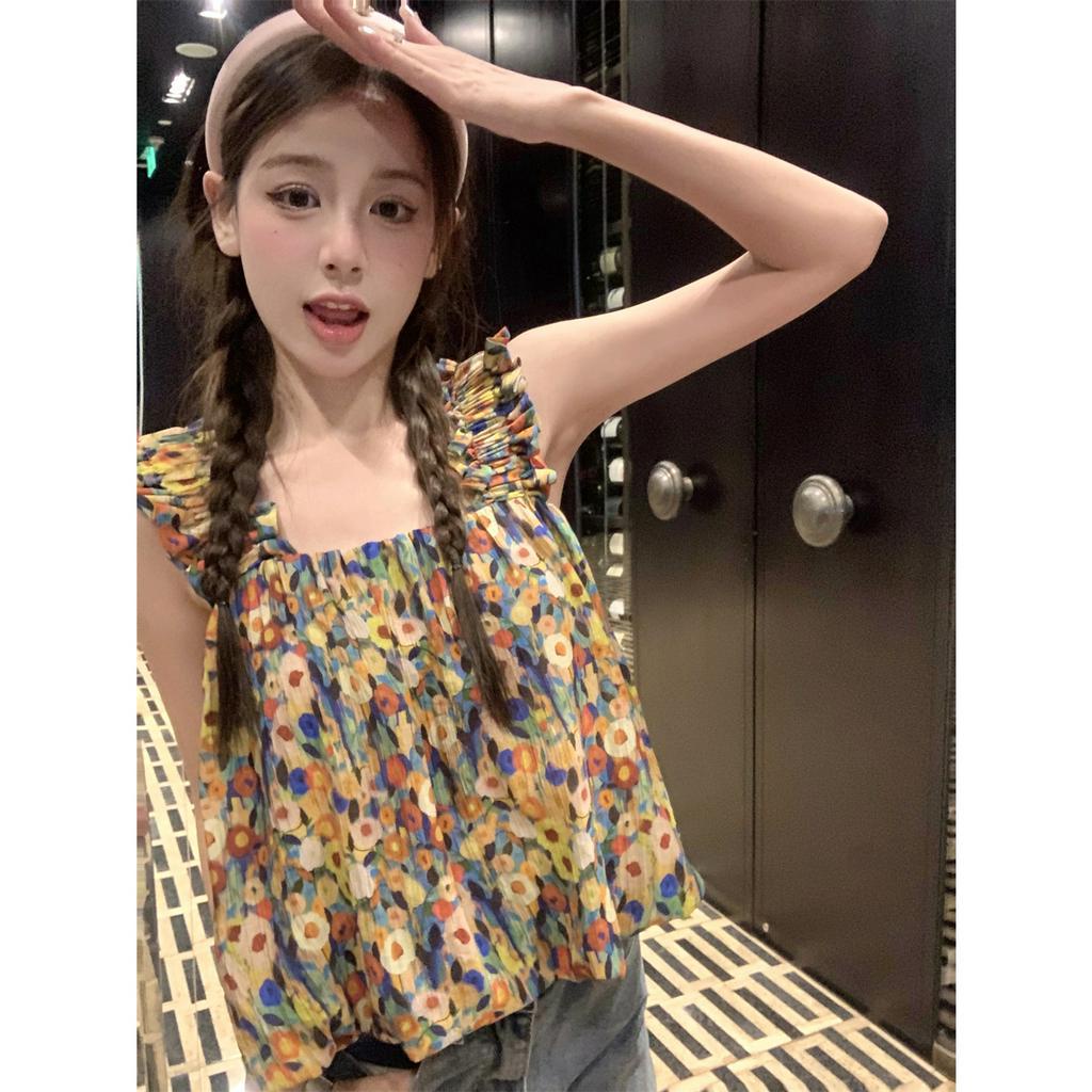 Xiaozhaniv Áo Tank Top Hai Dây Dáng Rộng Họa Tiết Tranh Sơn Dầu Hoa Kiểu Pháp Ngọt Ngào Cho Nữ