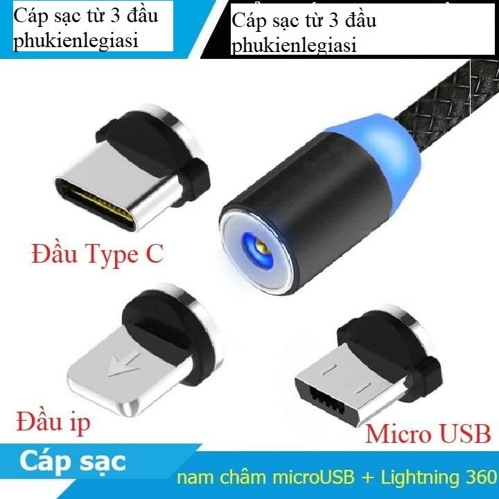 3 in 1- Cáp sạc từ hút nam châm 3 đầu Iphone- micro USB - Type C xoay 360 độ dây dù