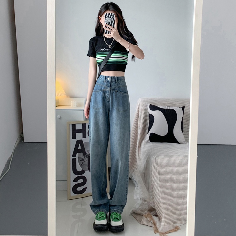 Quần Jeans Nữ Lưng Cao Ống Rộng Phong Cách Retro Thời Trang