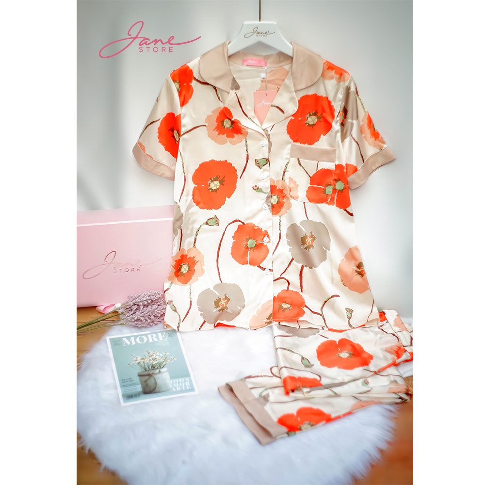 Set Pijama mặc nhà chất Lụa Pháp cao cấp mềm mịn thoáng mát Bộ ngủ Áo cộc quần dài Jane mã LQ20