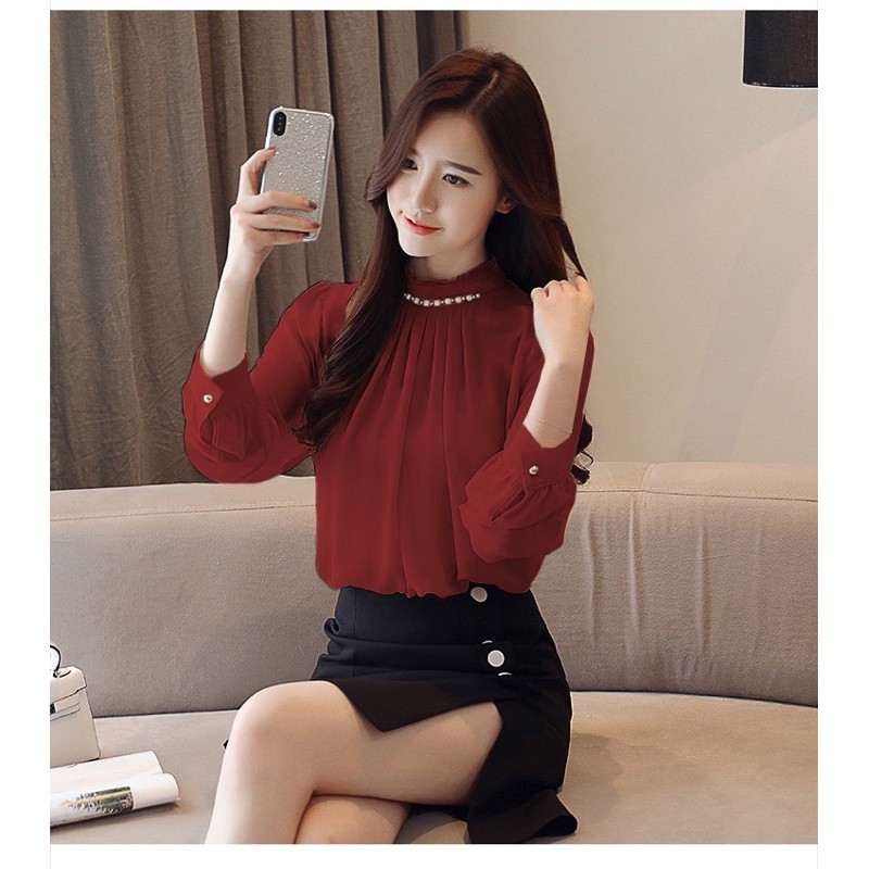 áo sơ mi kiểu tay dài cổ xếp ly kết hạt size S M L Xl