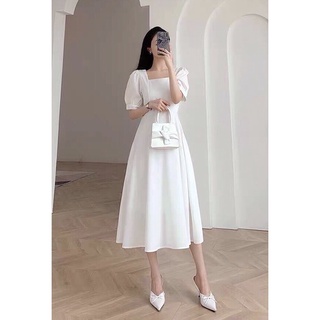 Đầm bầu dự tiệc màu trắng váy bầu thiết kế cổ vuông dáng xòe đầm mặc đám cưới Full size S/M/L
