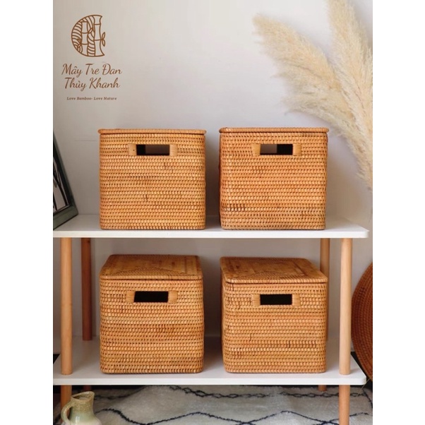 Thùng mây đựng quần áo có nắp, giỏ mây đựng đồ, khay đa năng Mây Tre Đan Thuỷ Khanh
