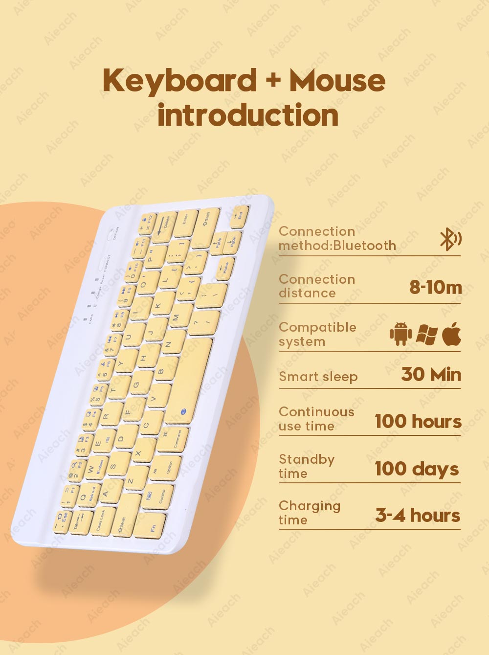 Xumu 25.4 cm Wireless Bluetooth Keyboard Keypad Mouse For iPad Pro 11 12.9 9.7 10.5 7th 8th Gen 10.2 Air 4 4th gen 27.68 cm 2020 2021 Lightweight Portable Mini For iPad Tablet Laptops Android Smart Phone