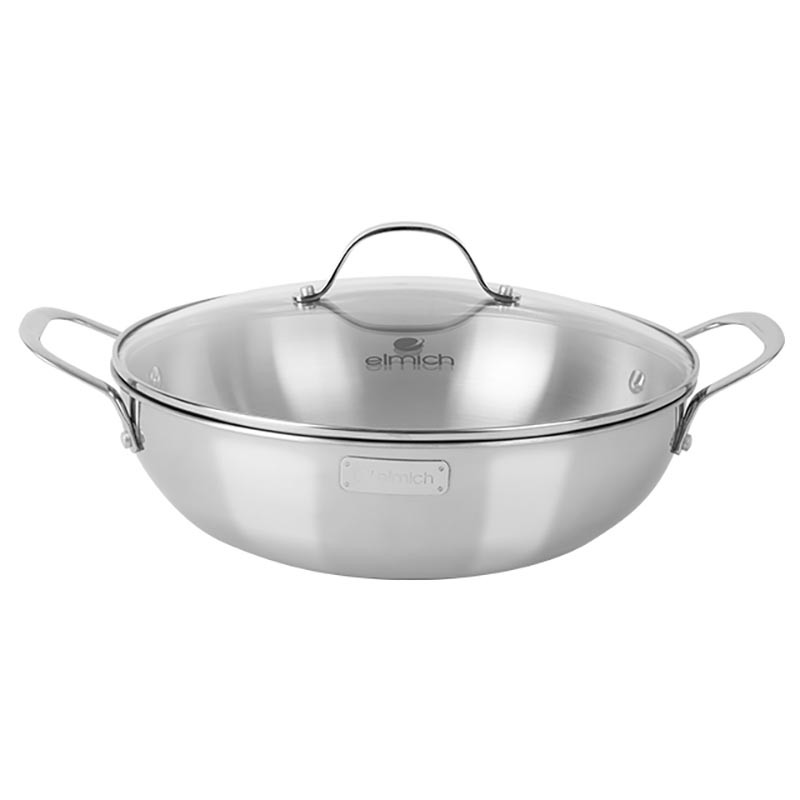 Chảo lẩu Inox 304 cao cấp 3 lớp đáy liền Elmich Tri-Max EL-3797 size 28cm vung kính, hàng chính hãng, bảo hành 12 tháng