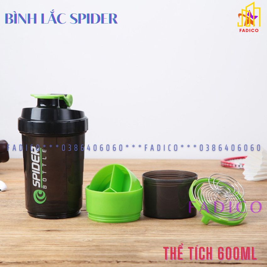 [HCM]Bình Nước Tập Gym | Bình Lắc thể thao Whey Spider 3 Ngăn Tiện Dụng 600 ML-fadico