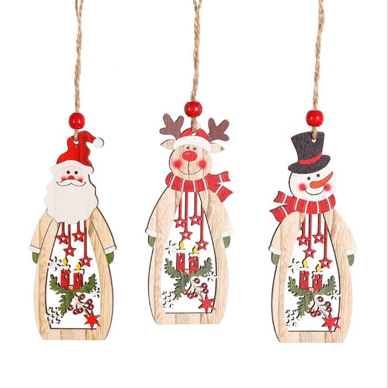 Christmas Tree Decoration Pendant Christmas Decorations Wooden Ornaments Creative Santa Claus Snowman Elk Wood Hollow Ornaments