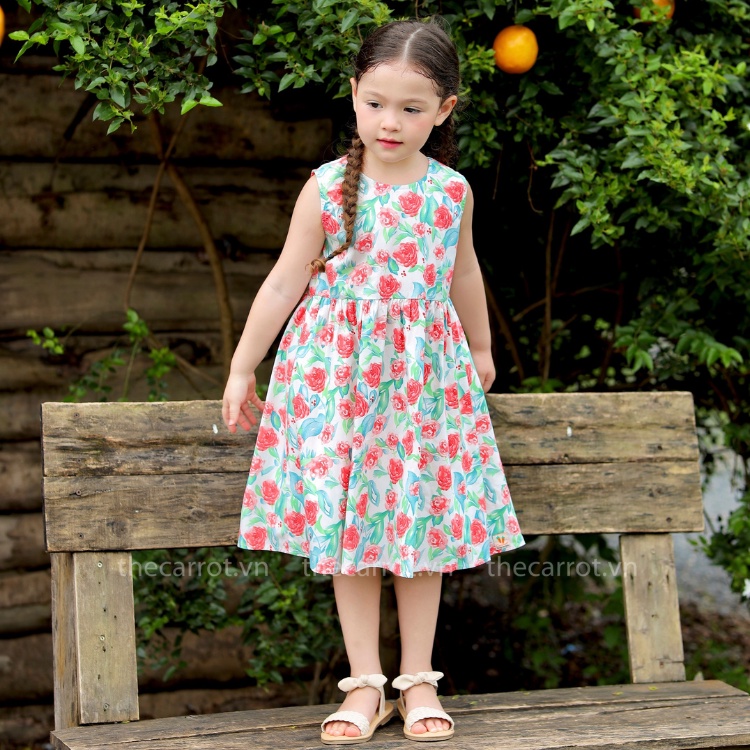 Váy Tim Lưng Carrot Cho Bé Gái, Họa Tiết Hoa O'hara Đỏ, Chất Thô Cotton Thoáng Mát Thấm Hút Mồ Hôi Tốt