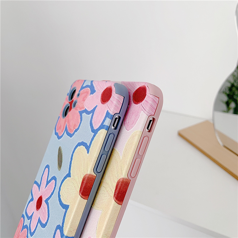 Ốp điện thoại da bảo vệ ống kính hoạ tiết hoa màu xanh dương kiểu tranh sơn dầu cho iPhone 12 Pro Max iP11 X XR | BigBuy360 - bigbuy360.vn