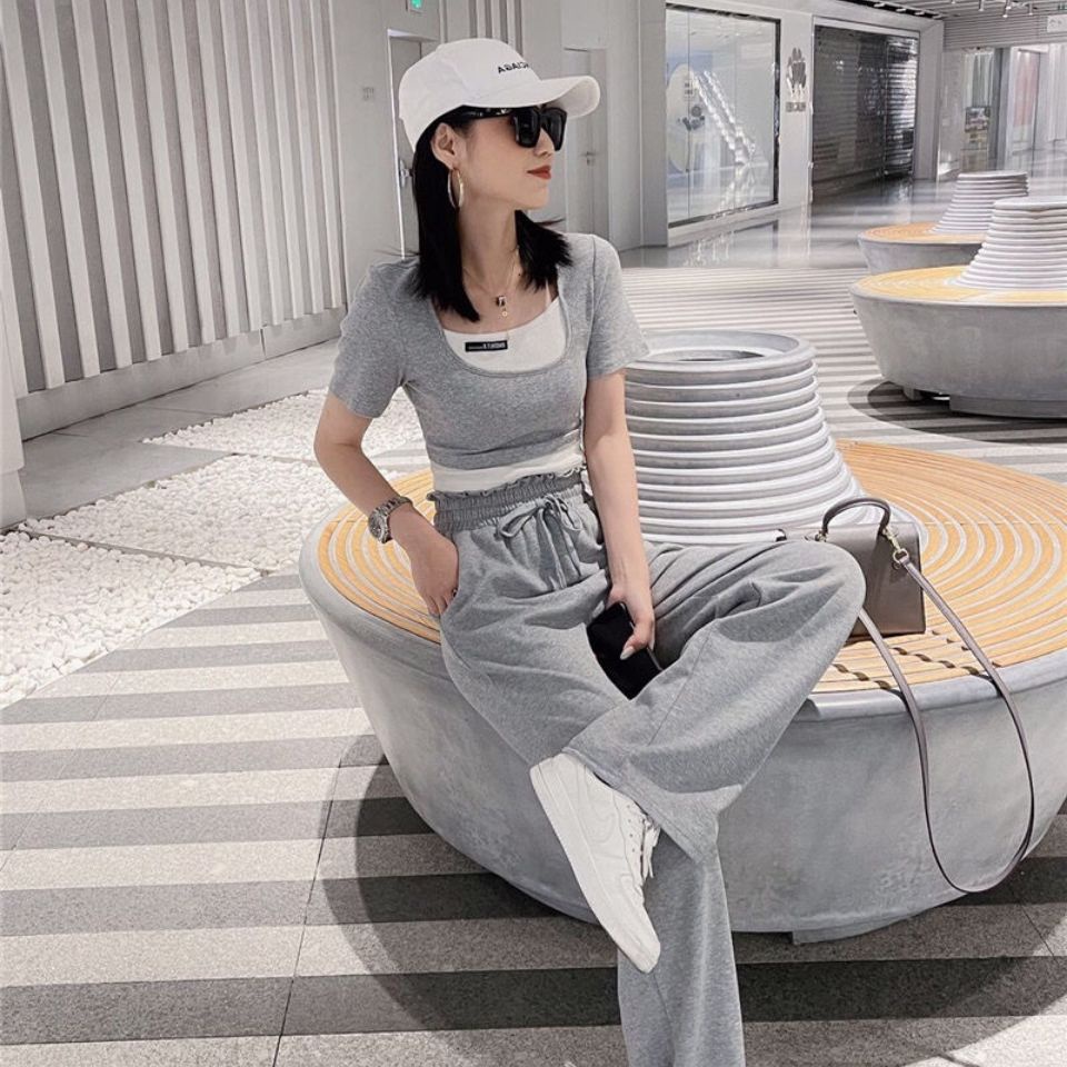 Bộ Áo Thun Dáng Rộng Phối Quần Ống Rộng Giả Hai Mảnh Thời Trang Quyến Rũ Dành Cho Nữ 2021 2021👗Purashiersacefairy dress👚】hl21.10.5