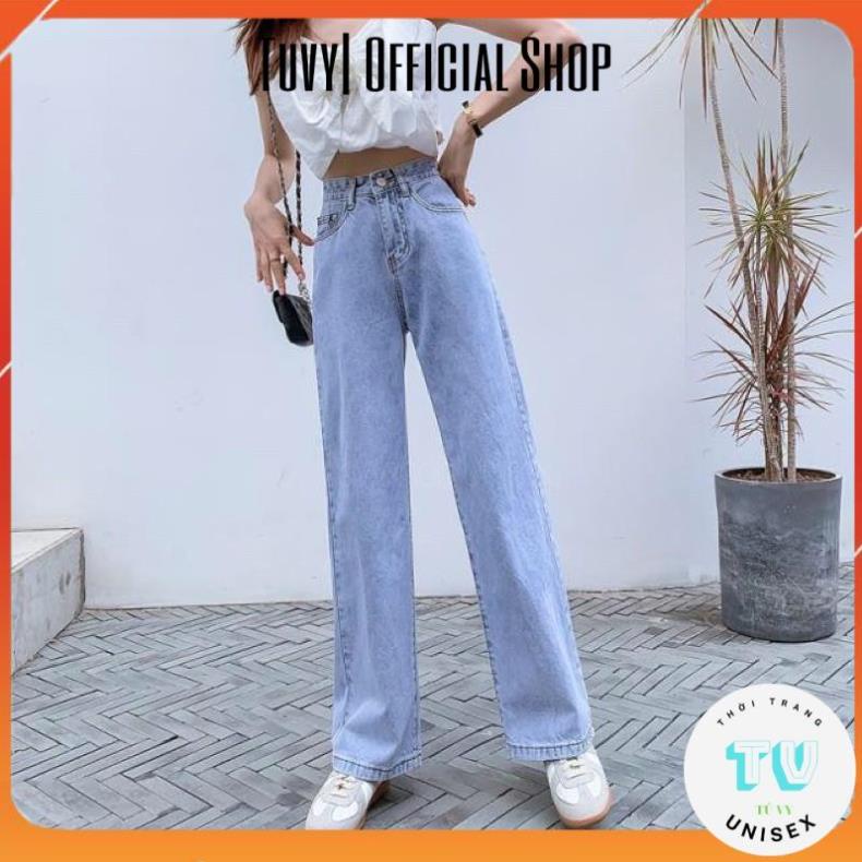 Quần bò nữ TUVYSHOP quần ống rộng cạp cao dáng dài vải đanh mịn k xù k giãn màu xanh3 size S M L