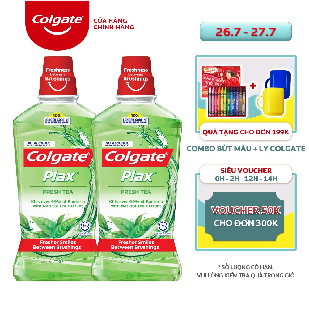 Bộ 2 chai Nước súc miệng Colgate kháng 99% vi khuẩn Plax trà xanh 750ml/chai