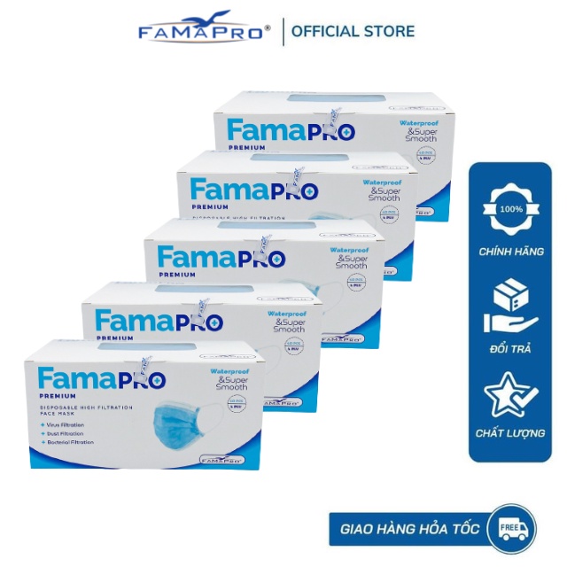 [PREMIUM COMBO 5 HỘP 40 CÁI] Khẩu trang y tế cao cấp 4 lớp kháng khuẩn Famapro Premium