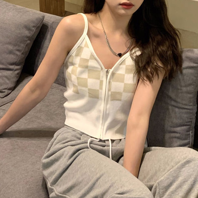 Áo Croptop Dệt Kim Hai Dây Cổ Chữ V Dáng Ôm Kẻ Sọc Caro Phối Khóa Kéo Thời Trang Mùa Hè Cho Nữ