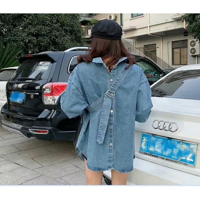 Áo hoodie Denim thời trang xuân thu cho bé gái💜Áo sơ mi Denim dài tay dáng rộng phối túi cá tính theo phong cách hongkong💜Áo kiểu hở lưng phối ren dáng ôm thời trang cá tính cho nữ