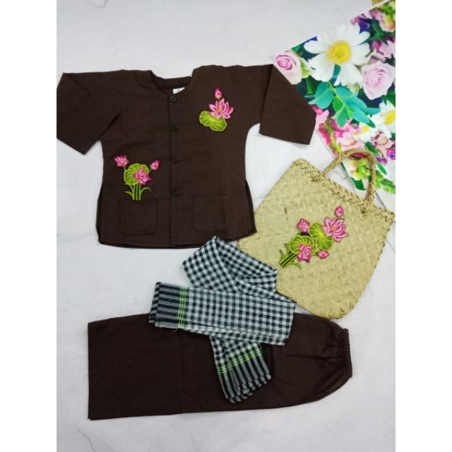 Combo bộ bà ba thêu hoa sen kèm khăn rằn cho bé