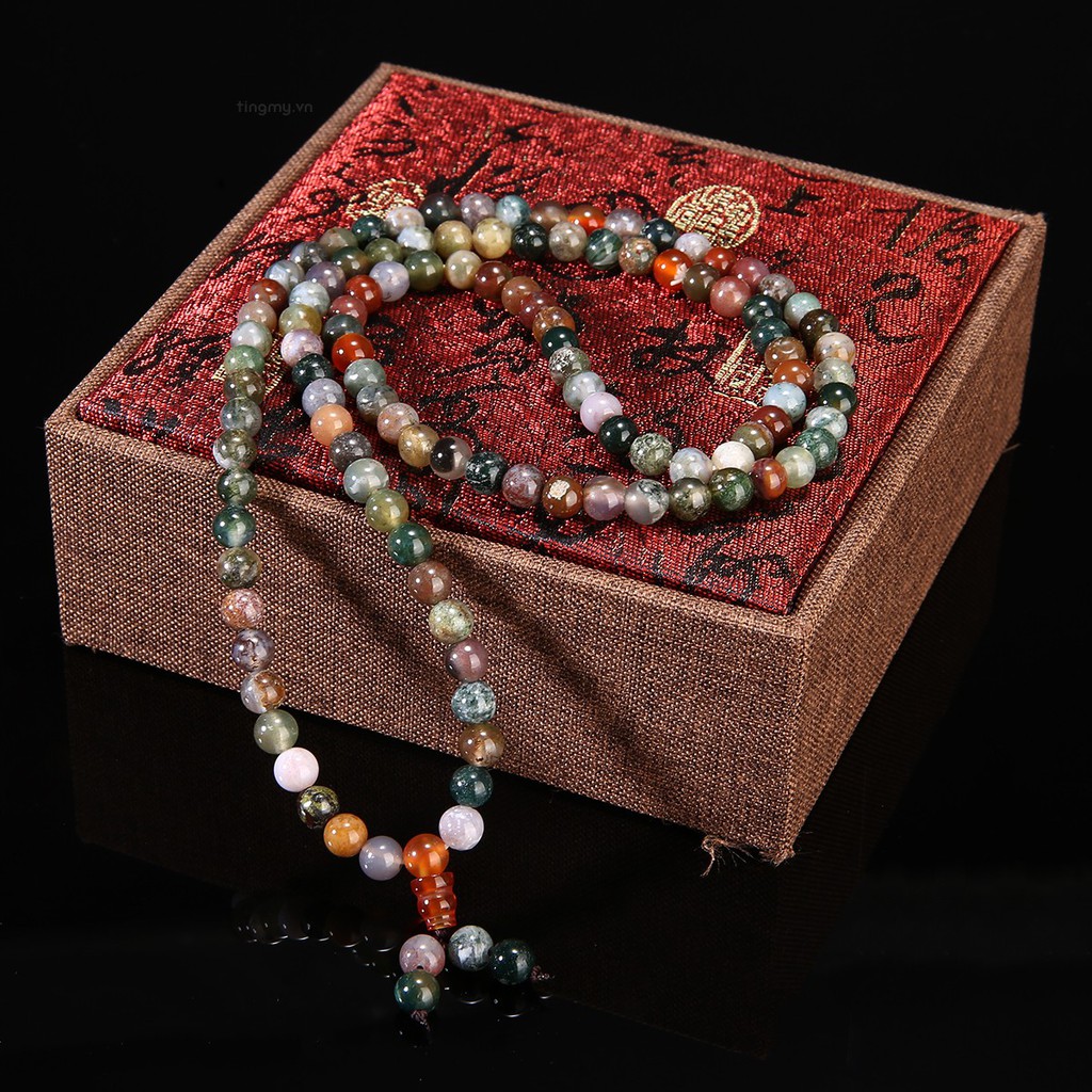 Vòng tay chuỗi 108 hạt đá mã não 6mm phong cách Phật Giáo Tây Tạng