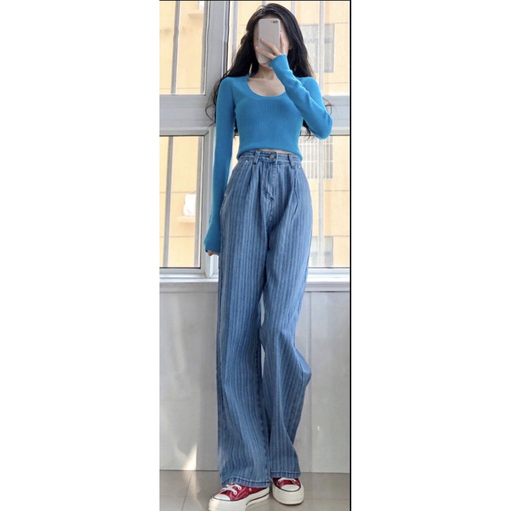 Quần jean ống suông kẻ sọc phong cách retro  thời trang | BigBuy360 - bigbuy360.vn