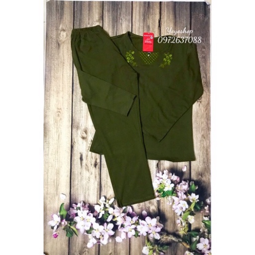 Bộ Cotton Thu Đông dài tay mặc nhà-Bộ Trung Niên Mặc Nhà Cho mẹ cho bà hình thêu hoa hai bên