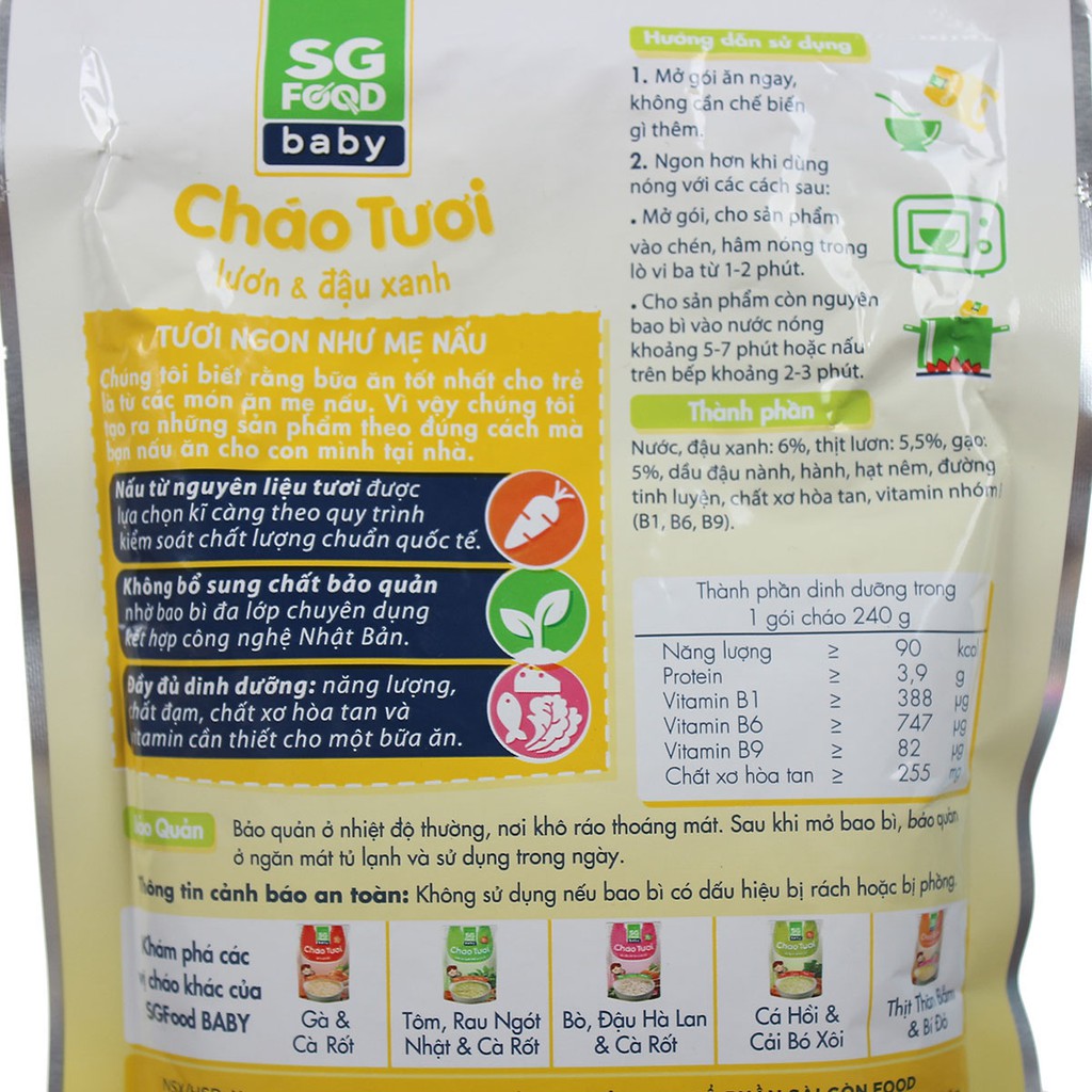 [CHÍNH HÃNG] Cháo Tươi SG Food Baby Lươn & Đậu Xanh Gói 240g (Tươi ngon như mẹ nấu)