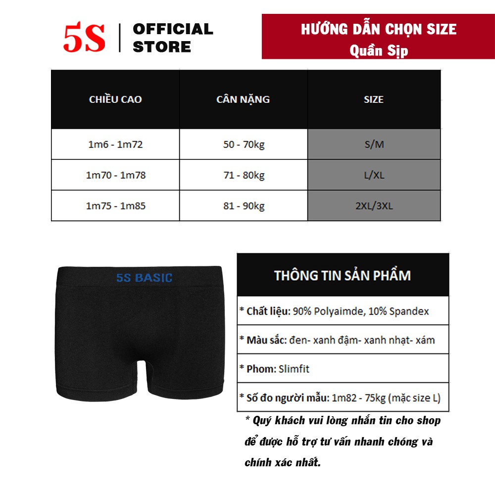 Quần Lót Nam Boxer 5S (4 màu), Cạp Dệt Không Đường May, Thấm Hút, Co Giãn, Kháng Khuẩn Cực Tốt (SIP21010BOX-02).