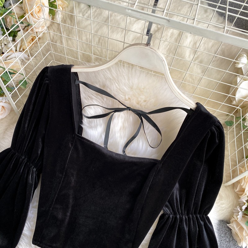 Áo nhung cổ vuông croptop tay bồng áo croptop