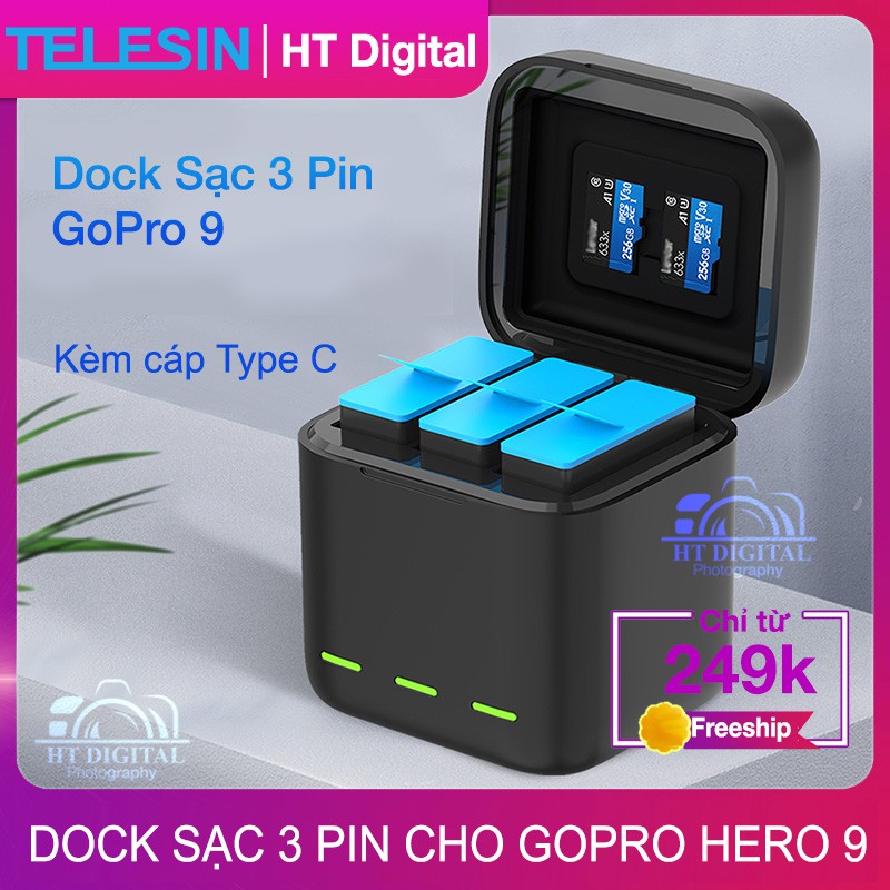 Bộ Dock Sạc 3 Pin Cho GoPro 9 10 - Bộ Sạc Máy Quay GoPro Hero 9 Hero 10 Có Nắp Đậy (Hàng Chính Hãng)