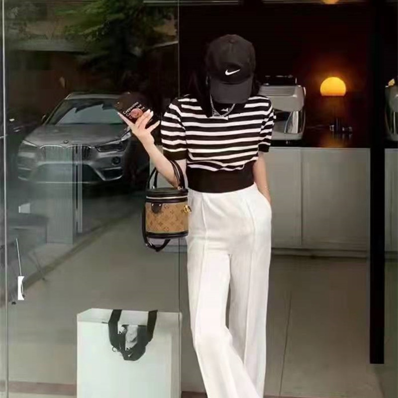 SUXI Áo Dệt Kim Tay Ngắn Kẻ Sọc Dễ Phối Đồ Thời Trang Phong Cách Hàn Quốc