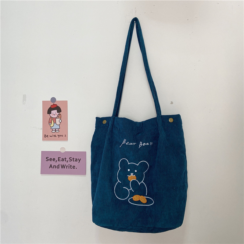 <24h delivery>W&G Japanese corduroy embroidered bear shoulder bag Qing college style student girl Korean version all-match shopping bag