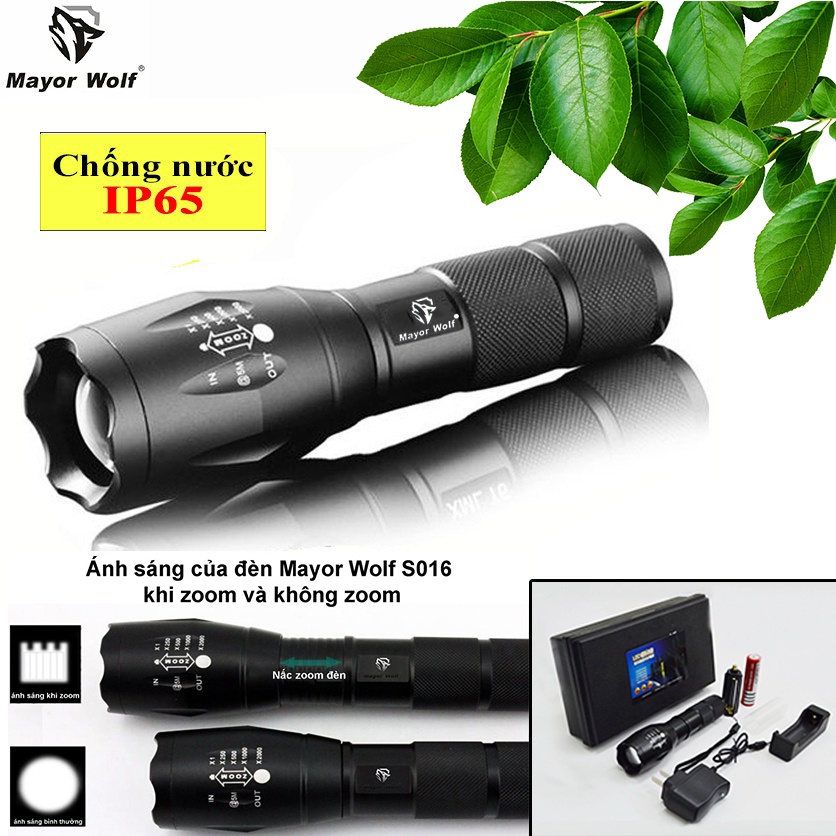 Đèn Pin Siêu Sáng MAYOR WOLF S016 Led Cree XML T6 Cao Cấp Hợp Kim Chống Nước Pin Có Thể Sạc Lại Full box (Loại Tốt)