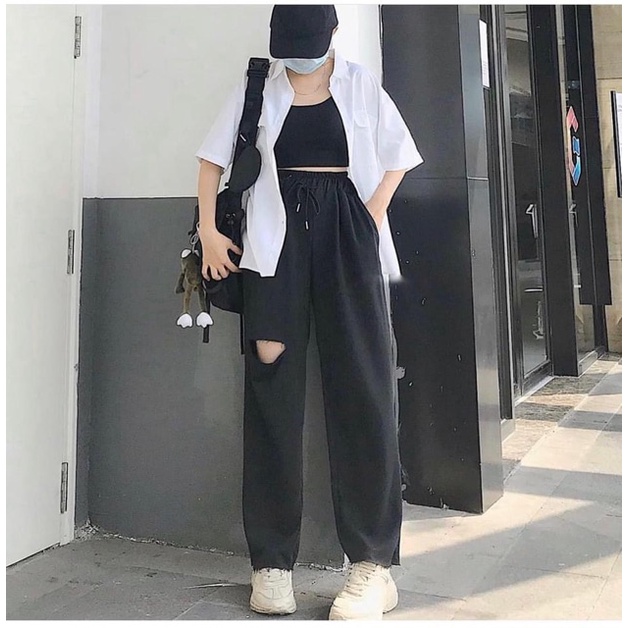 Quần Nỉ Thun Ống Rộng Rách Gối Nam Nữ ,Quần Baggy Cạp Cao Thun Dài Rách Đùi Unisex 2 Màu Đen Xám ,LAMASS