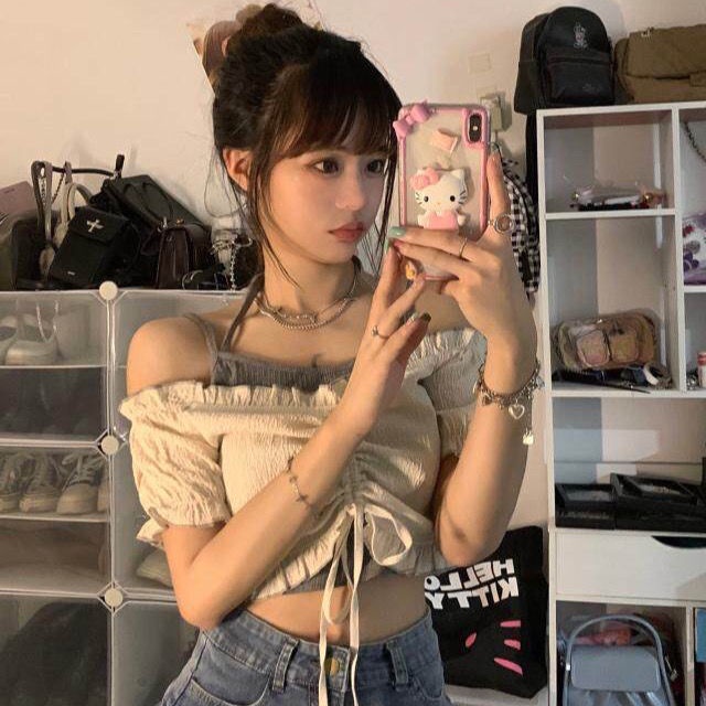 Áo Yếm Áo Nữ Hot Girl Ngắn Tay Áo Khoác Ngoài Nữ Mùa Hè Hở Vai Hở Vai Gợi Cảm Phần Ngắn