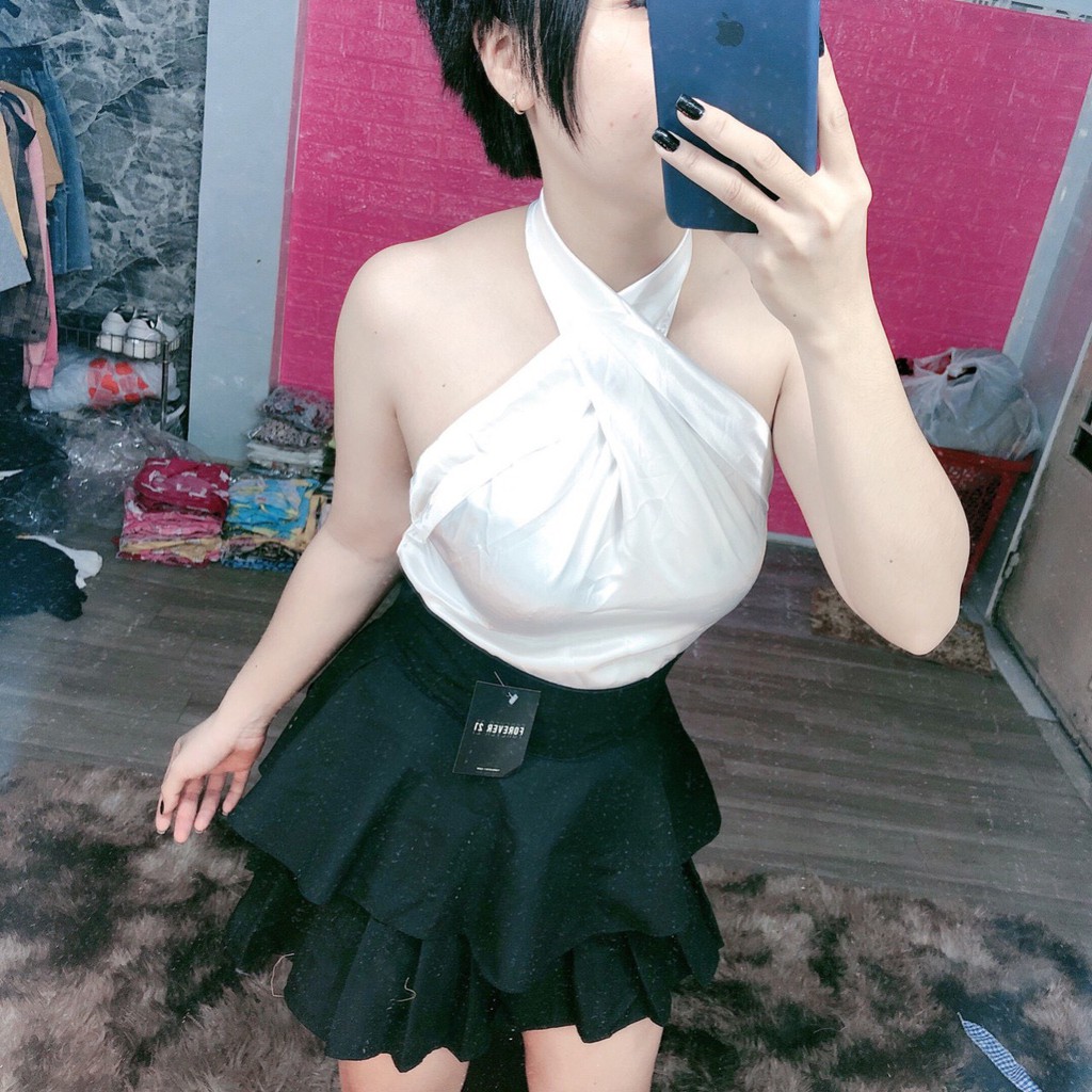 Set áo phi lụa yếm chéo cổ chân váy 2 tầng xinh xinh duyên dáng đáng yêu