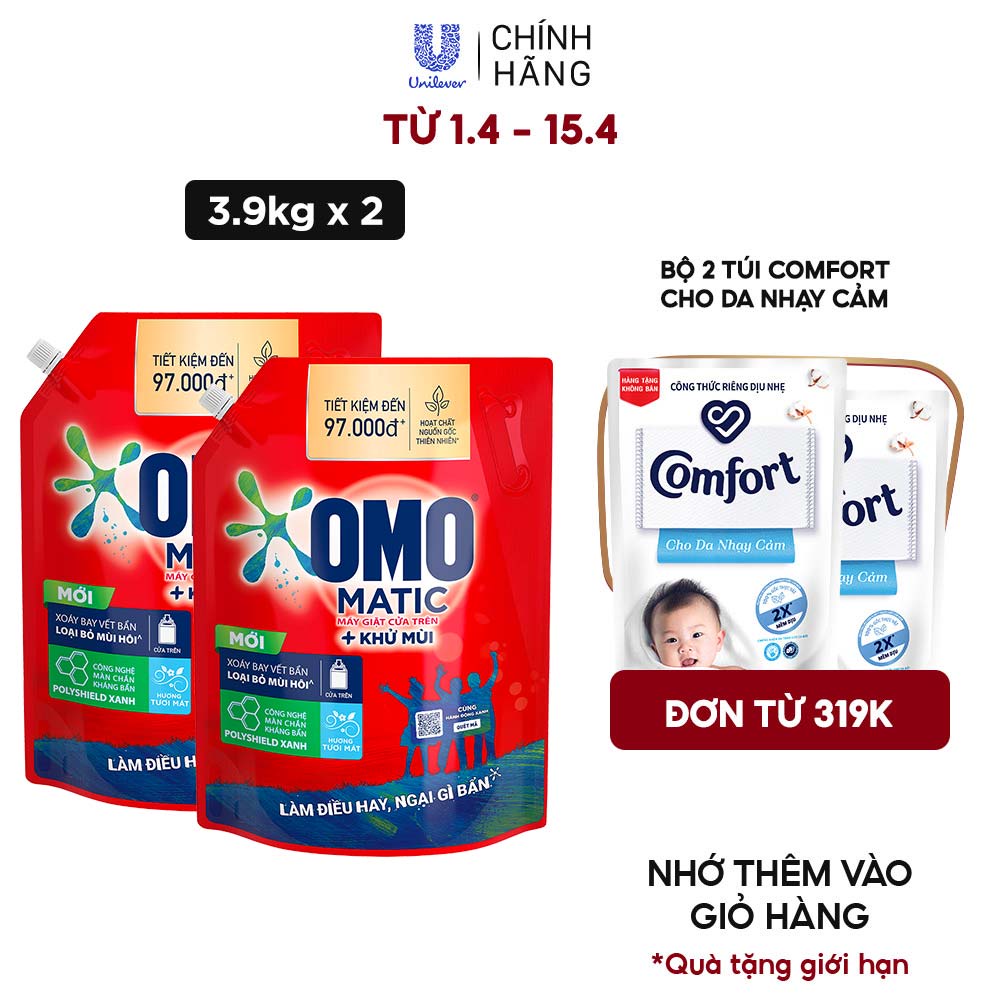 [FMCGMALL -8% ĐH 250K] Combo 2 Túi Nước giặt OMO Matic chuyên dụng Cửa Trên 3.9kg