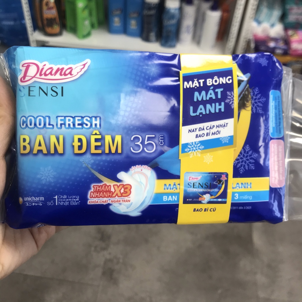 Băng vệ sinh Diana Sensi Cool Ban Đêm Fresh Night - BVS ban đêm siêu thấm 35cm 3 Miếng