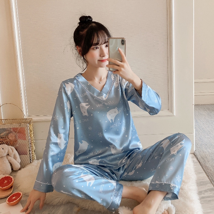 Bộ Đồ Ngủ Vải Lụa Satin In Họa Tiết Trái Cây Dễ Thương Cho Nữ